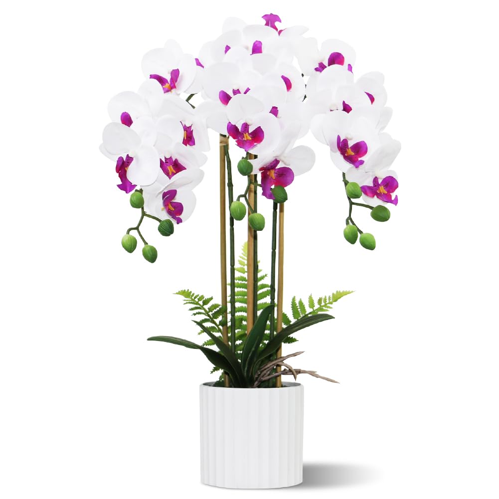 Olrla Flor de orquídea Artificial en Maceta para Interior, bonsái de imitación Phalaenopsis para decoración de hogar, Oficina, Fiesta, jardín (Blanco Y Morado)
