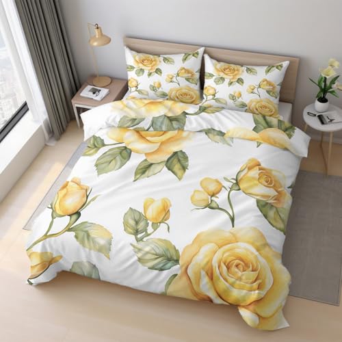 Generisch Bettwäsche Rose Gelb, Bettwäsche 135x200cm Blume Aquarell, Weiche Angenehme Mikrofaser 2 Teilig mit Reißveschluss 1 Kissenbezüge...
