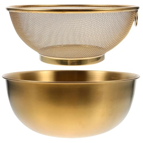 Filtros de acero inoxidable. 1 Juego de cuenco y colador de acero inoxidable, escurridor, cesta, colador de arroz, colador, lavabo for lavar frutas y verduras, colador de alimentos(Gold)