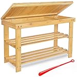 BAMBUROBA Bamboo Shoe Rack Bench,Entryway Organizer with Storage Drawer 3-Tier,Bathroom Shelf with Shoe Horn,Holds Up to…