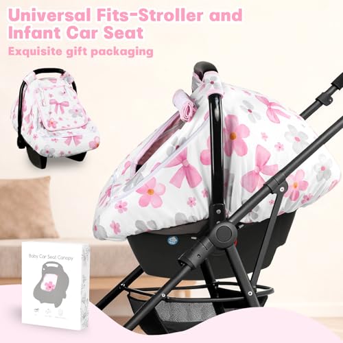 Image of Hooyax Baby Car Seat Cover with Dual Zipper, Extra Large Mesh Window Carseat Canopy, All-Season Weather Protection for Infant Car Seats & Strollers (Pink Bow)