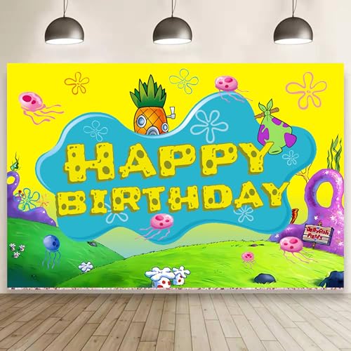H-M Cartoon Sponge Photography Backdrop for Birthday Decoration Shower Photography Banner Decoration Non-Reflective Matte Material (5x3ft)