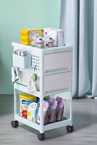 収納カート キャスター付き ベビー用品収納ラック2/3/4段 多機能 オムツ収納 ベビーワゴン フック付き 引き出し付き 移動式 取っ手 小物収納 キッチンワゴン おしゃれ 3色 (3段,ブルー)