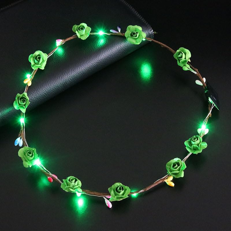 Led Light Women Flower Girl Headband Glow Blinking Hair Wreath For Girls Wedding Festival Christmas New Year Party (Green) image 2