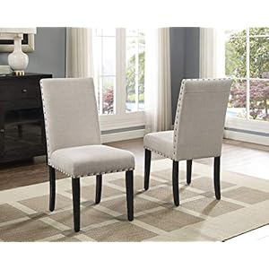 Roundhill Furniture Biony Tan Fabric Dining Chairs with Nailhead Trim, Set of 2, Brown, Tan