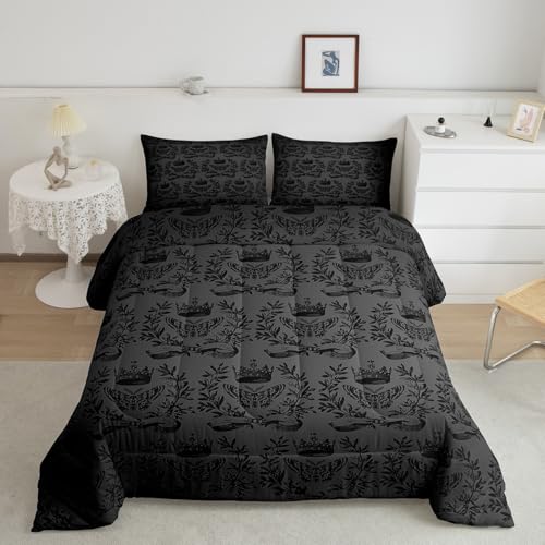Image of Feelyou Kids Moth Skull Set Toddler Size, Vintage Demask Bedding Set Black Demask for Kids Boys Girls Floral Duvet Insert Room Decor with 1 Pillow Case