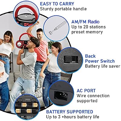 Pyle Portable CD Player Bluetooth Boombox Speaker - AM/FM Stereo Radio & Audio Sound, Supports CD-R-RW/MP3/WMA, USB, AUX, Headphone, LED Display, AC/Battery Powered, Red Black - PHCD22.5