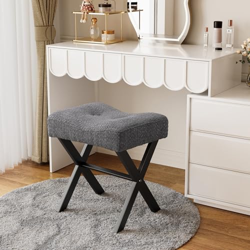 Image of Memobarco 18-Inch Vanity Stool Chair, Vanity Bench with Metal X-Legs, Ottoman Accent Stool with Breathable and Soft Boucle Fabric Saddle Seat, Grey
