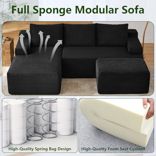 Image of 96.1 inch Modular Sectional Sofa with Ottoman, Modern Corduroy Cloud Couch, Boneless Couch Upholstered 3-Seater U-Shaped Sofa for Living Room, No Assembly (Black, Left-Facing Chaise)