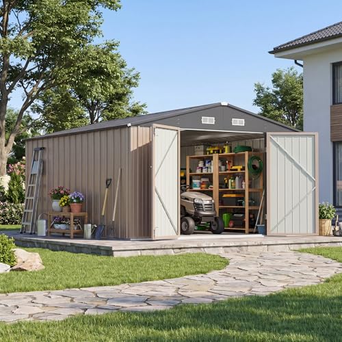 Image of Devoko 10x12 FT Outdoor Storage Shed with Galvanized Steel Floor Base, Metal Tool Shed with Slooping Roof for Garden Backyard Patio(Brown)