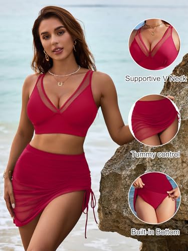 Image of Blooming Jelly Womens Swim Skirt High Waisted Bikini Sets Tummy Control Swimsuits Mesh Sarong Wraps Bathing Suits