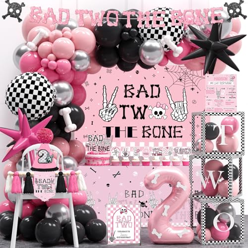 Fiesec Bad Two the Bone Party Decorations for Girl 141 PCS Bad 2 the Bone Party Supplies Includes Balloons Tablecloth Banner Cake Topper Poster Crown for Girl 2nd Birthday
