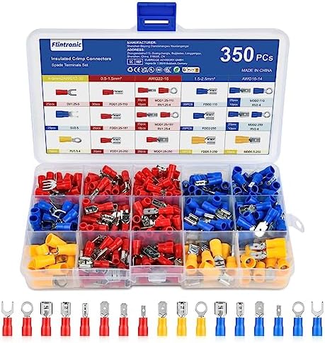 flintronic Zestaw końcówek kablowych, 350 sztuk końcówek kablowych, płaskich tulejek wtykowych, 0,5-6,0 mm², elektryczne wtyczki płaskie, końcówki kablowe, złącza zaciskowe, zestaw z cynowanych