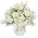 Fake Flowers,12in 4pcs Artificial Flowers Plants Bouquets of Silk Roses, Hydrangea and Lilies for Bridal Shower Decoration Wedding Table Centerpieces Party Home Office (Cream White No Vase)