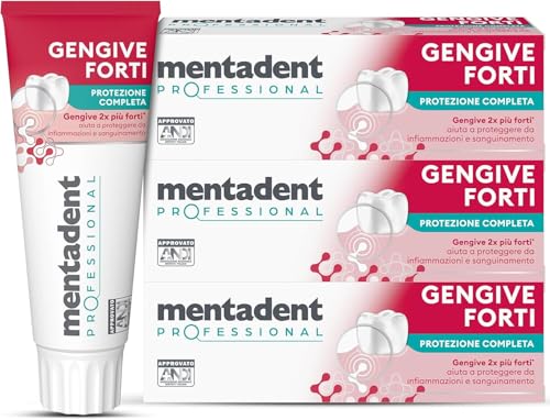 Mentadent Dentifricio Gengive Forti Protezione Completa, Per Gengive Delicate, Aiuta a Proteggere da Infiammazioni e Sanguinamento, Igiene Orale Quotidiana, Cofanetto 3x75 ml con Pochette Omaggio
