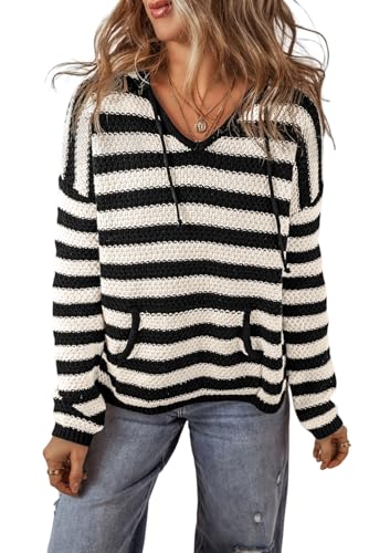 Urchics Blue Stripe V Neck Pocketed Drawstring Hooded Sweater Pullover for Women