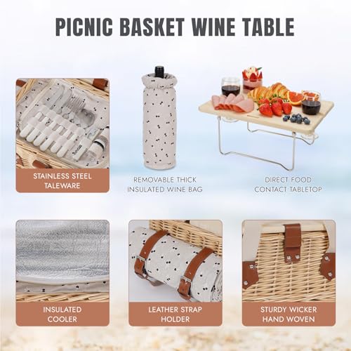 HappyPicnic Picnic Basket for 2, Handmade Wicker Picnic Set with Folding Table and Waterproof Blanket, Large Insulated Picnic Basket with Wine Bag & Cutlery Kit for Picnic, Camping, Holidays (Flower)