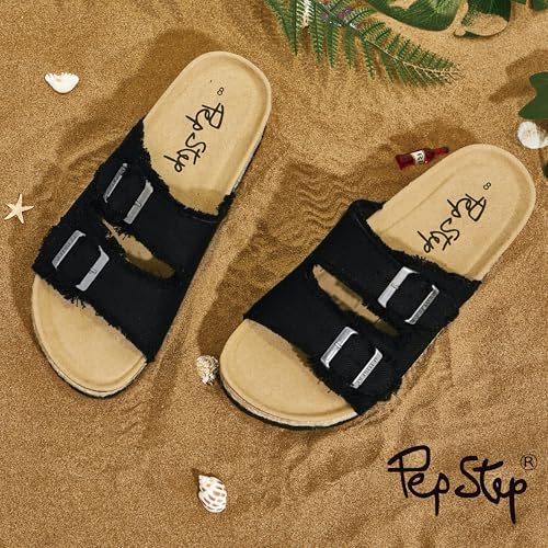 Image of PepStep Slide Sandals for Women with Soft Cork Footbed and Strap, Ladies Fashion Platform Slide Sandals Comfortable Slip On Style
