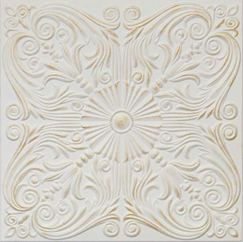 R39A White Satin Washed Gold 20x20 Amazing Styrofoam Tin Look Ceiling Tiles Easy to Glue Up On Any Type of Surface