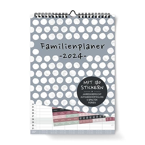 Calendario da parete 2024, 6 colonne, formato DIN A3, da appendere in cucina, calendario familiare e adesivi, date delle vacanze, panoramica dell'anno, pagina extra per la pianificazione delle vacanze