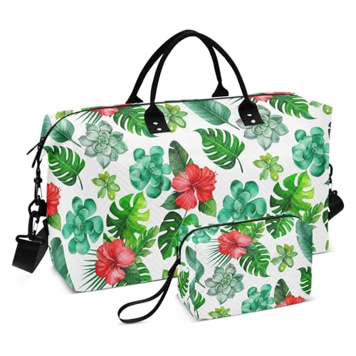 Succulents Monstera Leaves White Travel Duffel Bag for Men Women with Makeup Bag Weekend Overnight Carry On Bags for Getaway Weekend Travel
