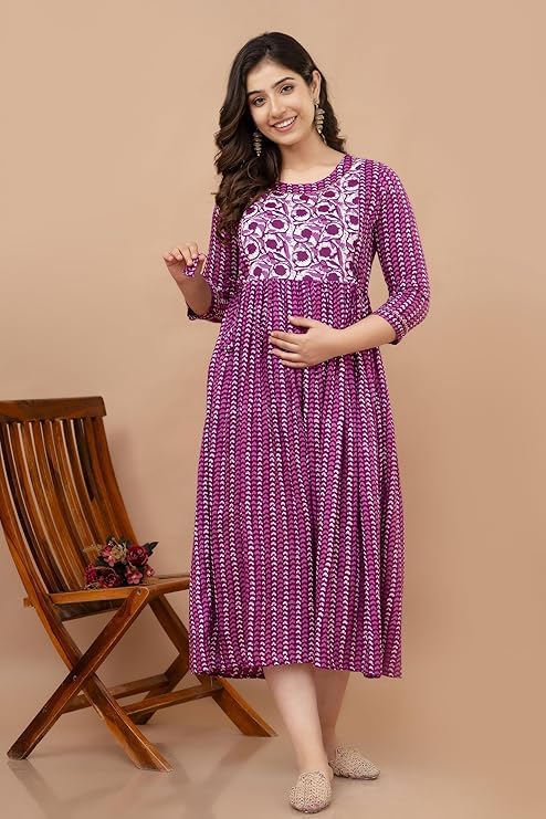 Image of Maternity Feeding Anarkali Kurti Dress for Women | Cotton Nursing Kurta with Both Side Zippers | Pregnancy & Nursing Wear | Comfortable Ethnic