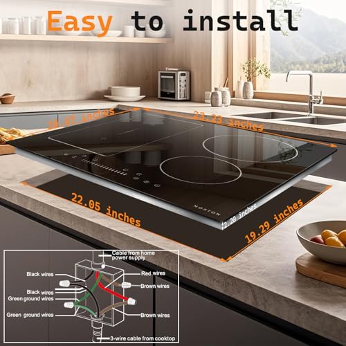 Image of Noxton 24 Inch Induction Cooktop, 4 Burners Electric Cooktop, Upgraded Induction Stovetop with Flex Zone, Power Boost, Pause, 9 Power Levels, Child Safety Lock, Timer, 7200W, 220-240V Hard wire