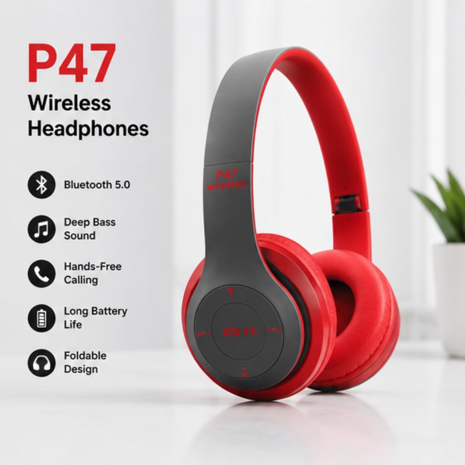 Image of P0047 Wireless Bluetooth Headphones with Deep Bass, Foldable Design, Built-in Microphone, Adjustable Headband, Noise Isolation, Stereo Sound for Mobile, Laptop & Tablet (Multicolour). (RED)