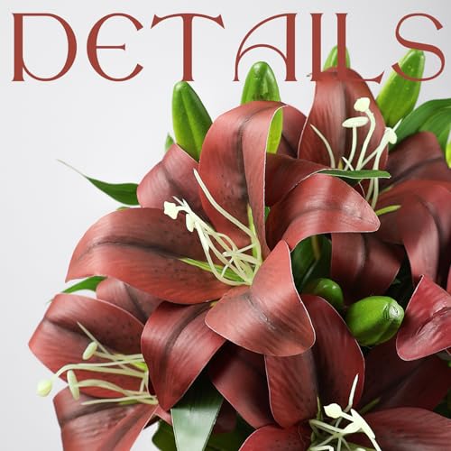 Ikosora 12 Pcs Red Artificial Lily Flower, Realistic Long Stem Real Touch Stargazer Lily - Image 3