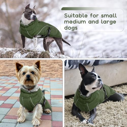 Hundemantel, wasserdicht, verstellbare Winterjacke, kaltes Wetter, warme Weste, Winterkleidung für mittelgroße Hunde mit sicheren reflektierenden Streifen und Loch für Geschirr (Armeegrün, Größe M)