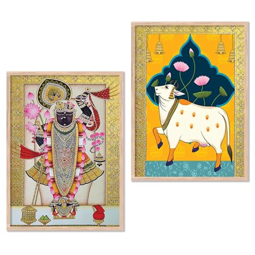 Image of kotart Traditional Indian Wall Art Painting Set of 2 | Kamdhenu Cow Design | MDF Wooden Framed Spiritual Wall Decor for Living Room, Pooja Room & Home (Art 4, 25x37 Inch)