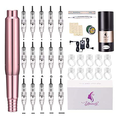 Permanent Makeup PMU Machine Kits with 15pcs PMU Tattoo Cartridge Needles for Eyebrow Microblading Tattoo Kit Supplies Pigments Tattoo Machine Guns Equipments Beauty Salon - Pink Color