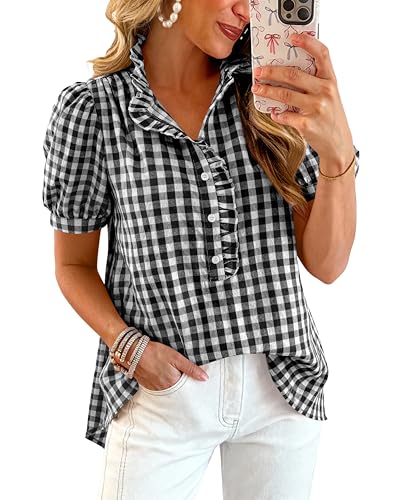 MASCOMODA Womens Puff Short Sleeve Summer Tops Striped Plaid Ruffle V Neck Button Down Shirts Business Casual Work Blouses(Plaid Black White Large)