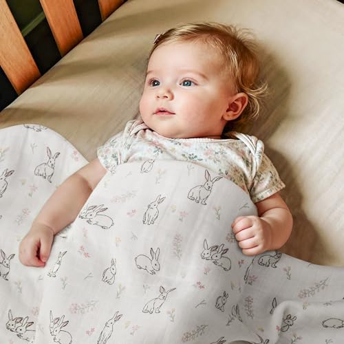 Image of GLLQUEN BABY Muslin Swaddle Blankets 2Pk Receiving Blanket Large 35 inch x 40 inch | Soft Cotton Baby Blankets for Girls Boys Breathable Nursery Swaddles for Newborns, Baby Essentials Shower Gift, Pink Rabbit