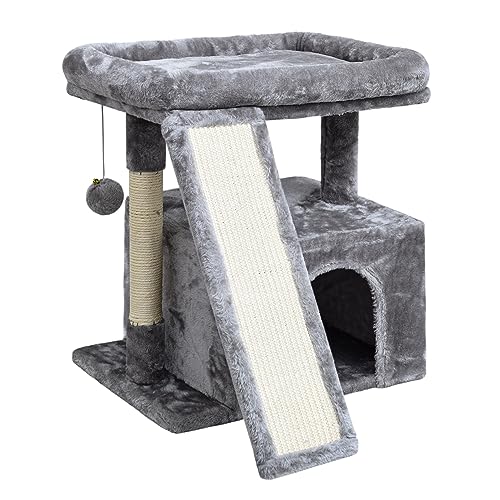 Image of Small Cat Tree for Indoor Cats,Cat Tower with Scratching Post and Board,Cat House with Perch for Kitten, Stable Condo and Stand (Light Grey)