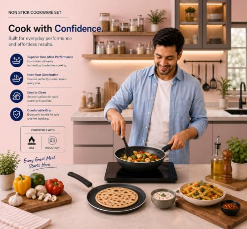 Image of BALTRA Premium Gourmet Non-Stick Cookware 2 Pcs Set | Dosa Tawa and Fry Pan | 100% PFOA Free Coating | Easy Clean, Induction Bottom Non-Stick Coated Set