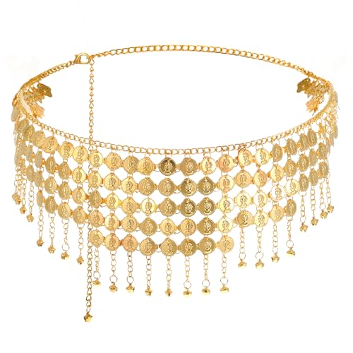 Coins Belly Dance Hip Scarf Belt, Dangling Coins Belly Dancing Skirt Women Chain Belt for Bellydance Music Festival Halloween Costume Accessory