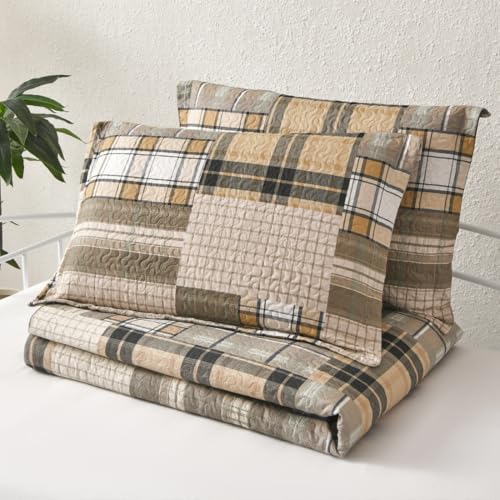 Image of Jarson 3 Pcs Plaid Daybed Cover Set Twin Size Brown Beige Sofa Cover Double Side Bed Set Classic Patchwork Bedding Sets Daybed Quilt Set with Pillow Shams