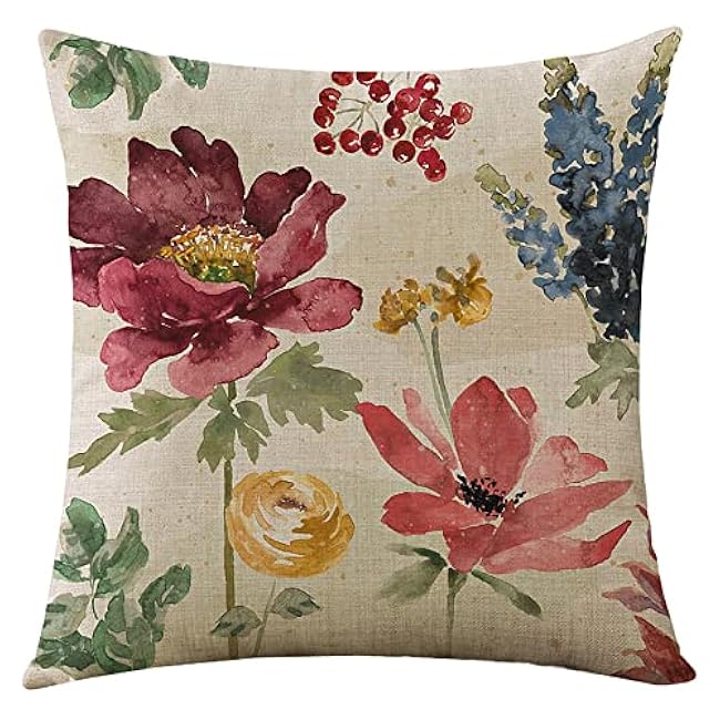 WOMHOPE Throw Pillow Covers Cases for Couch Sofa Burlap Toss Cushion Cases Square Flower Bird Butterfly 18 x 18 Inch,Pack of 4 (Flower)