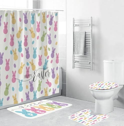 4 Pcs Easter Bunny Shower Curtain Sets with Non-Slip Rugs Toilet Lid Cover and Non-Slip U Shape Bath Mat Easter Bathroom Decor with 12 Hooks 71 x 71 Inches (Style A)