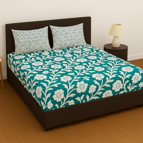 Image of Elastic Fitted Bedsheets with 2 King Size Pillow Covers | Double Bed with All Around Elastic, Size 72 x 78 x 8 Inches (Green White Floral)