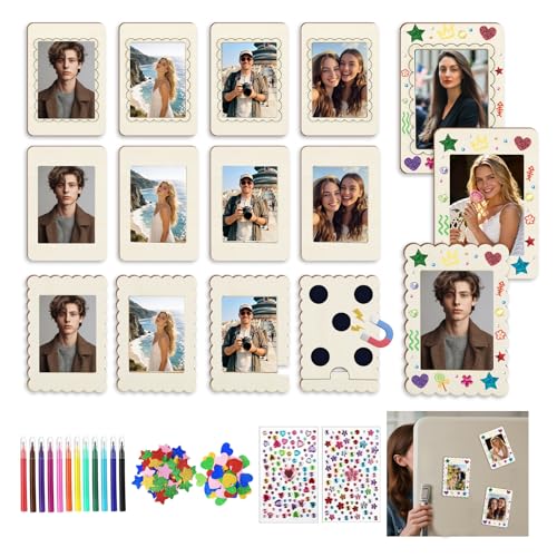 12 Pack Mini Magnetic Photo Frames – Unfinished DIY Craft Kit, Wooden Picture Frames for Crafts Set with 12 Watercolor Pencils & Stickers, Fridge Photo Decor, Bulk Gift for Birthday, Wedding, Anniversary & Party