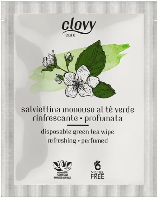 Clovy Care 1000 Salviette monouso rinfrescanti e profumate al Tè Verde dimensione 23,5x16 imbevute con soluzione a base di ingredienti naturali nichel free.