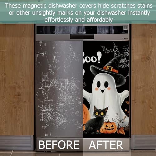 Image of Cute Ghost Dishwasher Covers for The Front Magnetic,Halloween Pumpkin Cat Refrigerator Magnets Decoration,Reusable Dishwasher Cover Panel for Home Kitchen Decor 23x26 Inch
