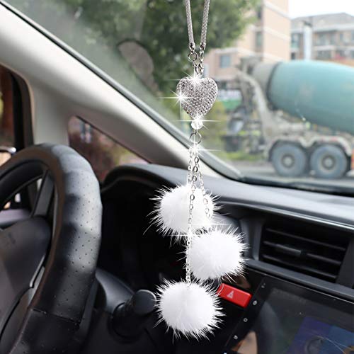 YIDEXIN Bling Car Accessories for Women and Men - White Heart and Pink Fuzzy Drops Bling Rinestones Diamond Car Rear View Mirror Charms, Lucky Hanging Accessories
