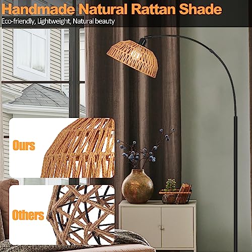 Image of Brilvibera Boho Floor Lamp with Remote Arc Tall Lamp | Bronze Floor Lamps with Stepless Dimmable Bulb, Hand-Worked Adjustable Rattan Lampshades, Brown Rattan Standing Lamp