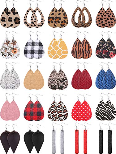 Hicarer 25 Pairs Faux Leather Earrings for Women Teardrop Dangle Lightweight Leaf Earrings for Christmas Birthday Gift(Elegant Style)