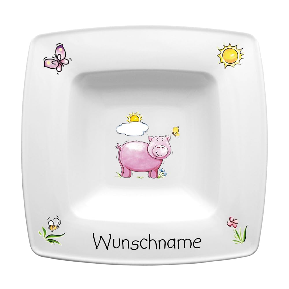 Suppenteller eckig 22cm Kinderteller Teller Porzellan Schwein personalisierbar mit Wunschname Name Kindergeschirr mit Namen personalisiert
