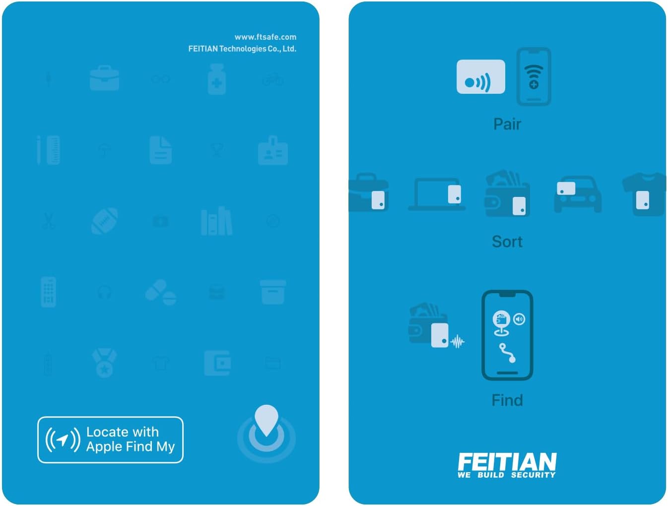 FEITIAN SlimTag usage diagram showing pairing, sorting, and finding items