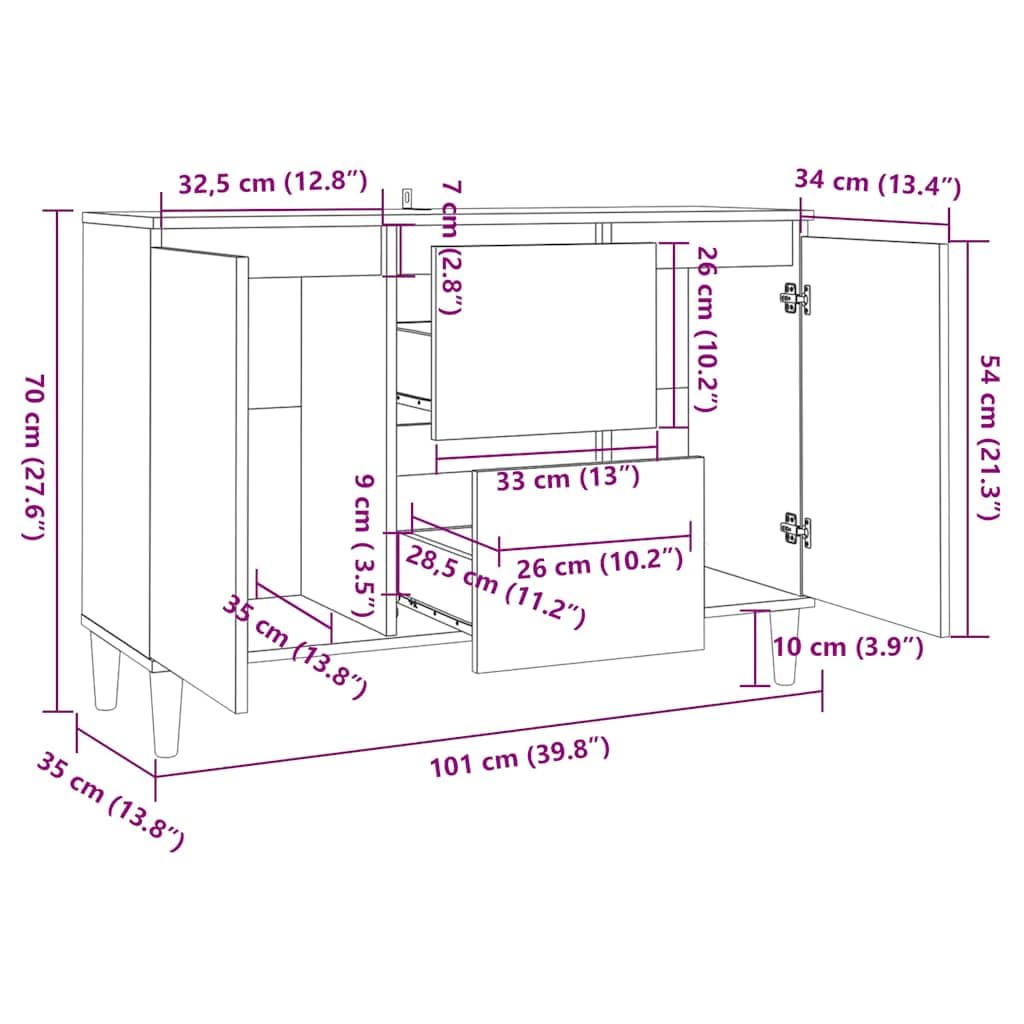 Credenza Grigio Cemento 101x35x70 cm con 2 Ante e 2 Cassetti | Mobiletto multiuso grigio cemento per soggiorno e ingresso, dotato di ampio ripiano espositivo e piedini stabili.